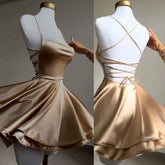 Satin A-Line Backless Short Homecoming Party Dress with Lace-Up